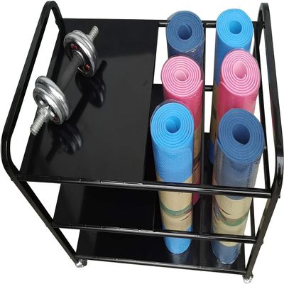 CIRCIR Black Yoga Mat Storage Cart with Wheels, Metal 3-Tier Foam Roller Holder for 6 Exercise Mats, Home Gym Studio