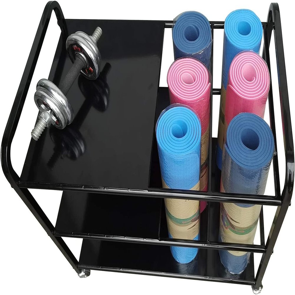 CIRCIR Black Yoga Mat Storage Cart with Wheels, Metal 3-Tier Foam Roller Holder for 6 Exercise Mats, Home Gym Studio