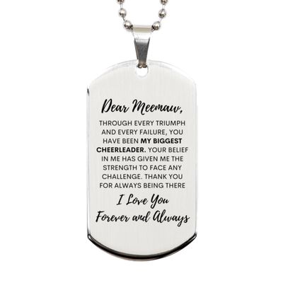 Dear Meemaw, My Biggest Cheerleader Silver Dog Tag, For Meemaw, Valentines Birthday Gifts for Meemaw, Mother's Day, Father's Day and Christmas Gifts for Meemaw