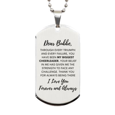Dear Bubbe, My Biggest Cheerleader Silver Dog Tag, For Bubbe, Valentines Birthday Gifts for Bubbe, Mother's Day, Father's Day and Christmas Gifts for Bubbe