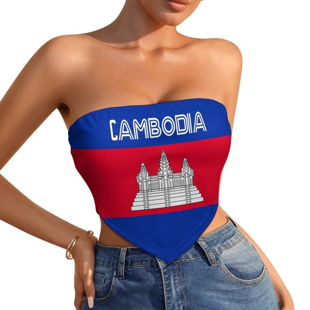 Linkasi Cambodia Flag Women's Sexy Open Back Thong Bikini Tie Sides Bottom Triangle Bikini Swimsuit