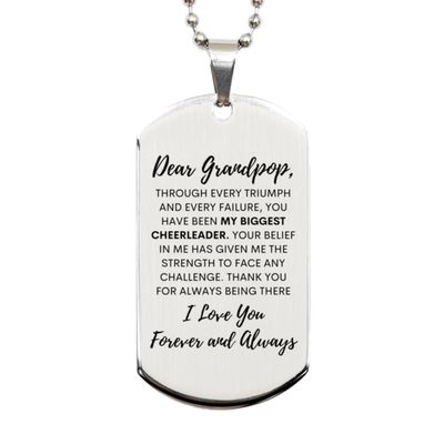 Dear Grandpop, My Biggest Cheerleader Silver Dog Tag, For Grandpop, Valentines Birthday Gifts for Grandpop, Mother's Day, Father's Day and Christmas Gifts for Grandpop