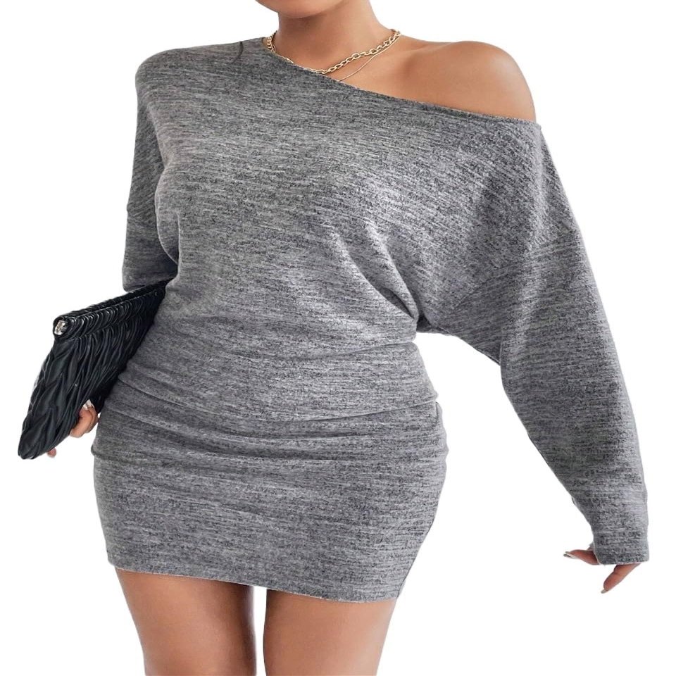 Women's Dresses Space Dye Drop Shoulder Solid Dress Dress for Women (Color : Gray, Size : Medium)