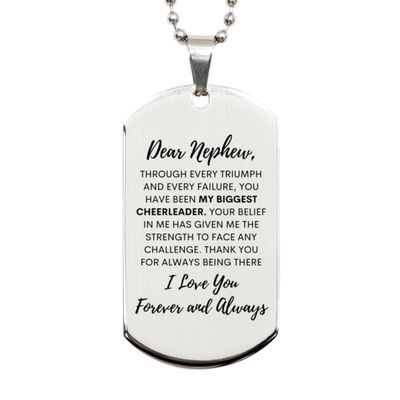Dear Nephew, My Biggest Cheerleader Silver Dog Tag, For Nephew, Valentines Birthday Gifts for Nephew, Mother's Day, Father's Day and Christmas Gifts for Nephew