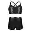 Jugaoge Kids Girls 2 Piece Ballet Dance Outfit Shiny Tank Top and Booty Shorts Gymnastics Leotard Gym Workout Black 5-6 Years view 1