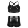 Jugaoge Kids Girls 2 Piece Ballet Dance Outfit Shiny Tank Top and Booty Shorts Gymnastics Leotard Gym Workout Black 5-6 Years view 2