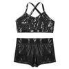 Jugaoge Kids Girls 2 Piece Ballet Dance Outfit Shiny Tank Top and Booty Shorts Gymnastics Leotard Gym Workout Black 5-6 Years view 3