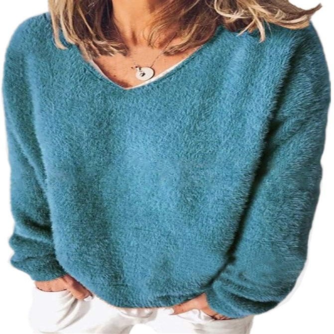 Akivide Long Sleeve Fuzzy Fleece Pullover Sweater for Women Trendy Oversized V Neck Sherpa Warm Top Fall Winter Clothes