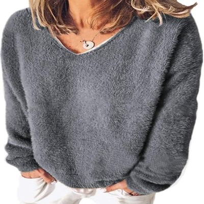 Akivide Long Sleeve Fuzzy Fleece Pullover Sweater for Women Trendy Oversized V Neck Sherpa Warm Top Fall Winter Clothes