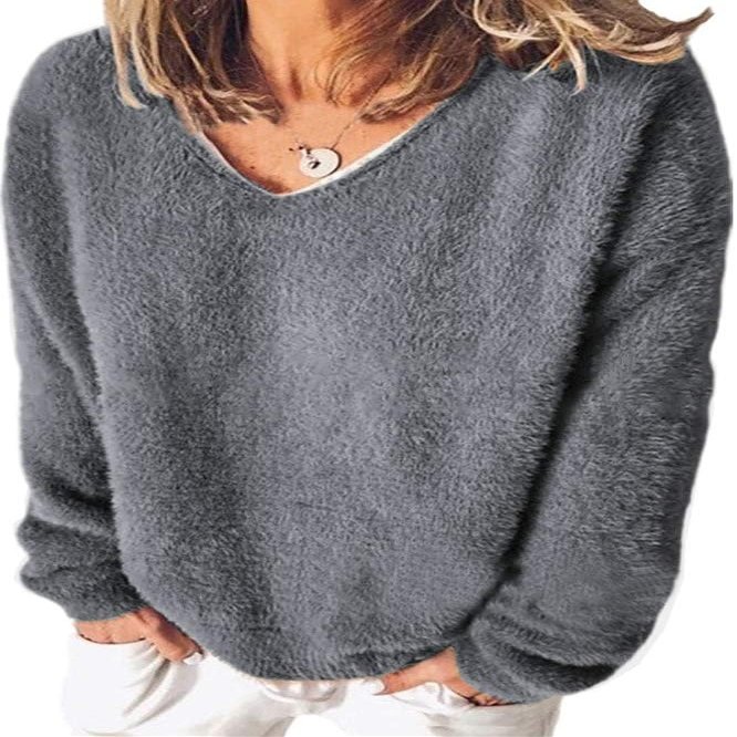 Akivide Long Sleeve Fuzzy Fleece Pullover Sweater for Women Trendy Oversized V Neck Sherpa Warm Top Fall Winter Clothes