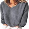 Akivide Long Sleeve Fuzzy Fleece Pullover Sweater for Women Trendy Oversized V Neck Sherpa Warm Top Fall Winter Clothes