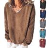 Akivide Long Sleeve Fuzzy Fleece Pullover Sweater for Women Trendy Oversized V Neck Sherpa Warm Top Fall Winter Clothes view 2