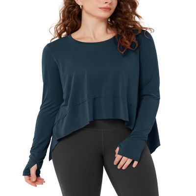 ODODOS Long Sleeve Tee for Women with Thumb Hole Athletic Gym Workout Crop Tops Yoga Shirts, Deep Teal, Small
