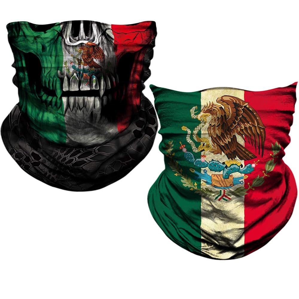 DHSOU 2Pcs Headband Face Scarf Magic Tube Bandanas Headwear Neck Gaiter Balaclava for Mens Womens (Skull Mexico Flag)