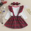 Baby Girl Christmas Outfit Long Sleeve Romper Onesie Deer Plaid Suspender Skirt Set Cute Fall Winter Clothes (White-Christmas Deer, 0-3 Months) view 3