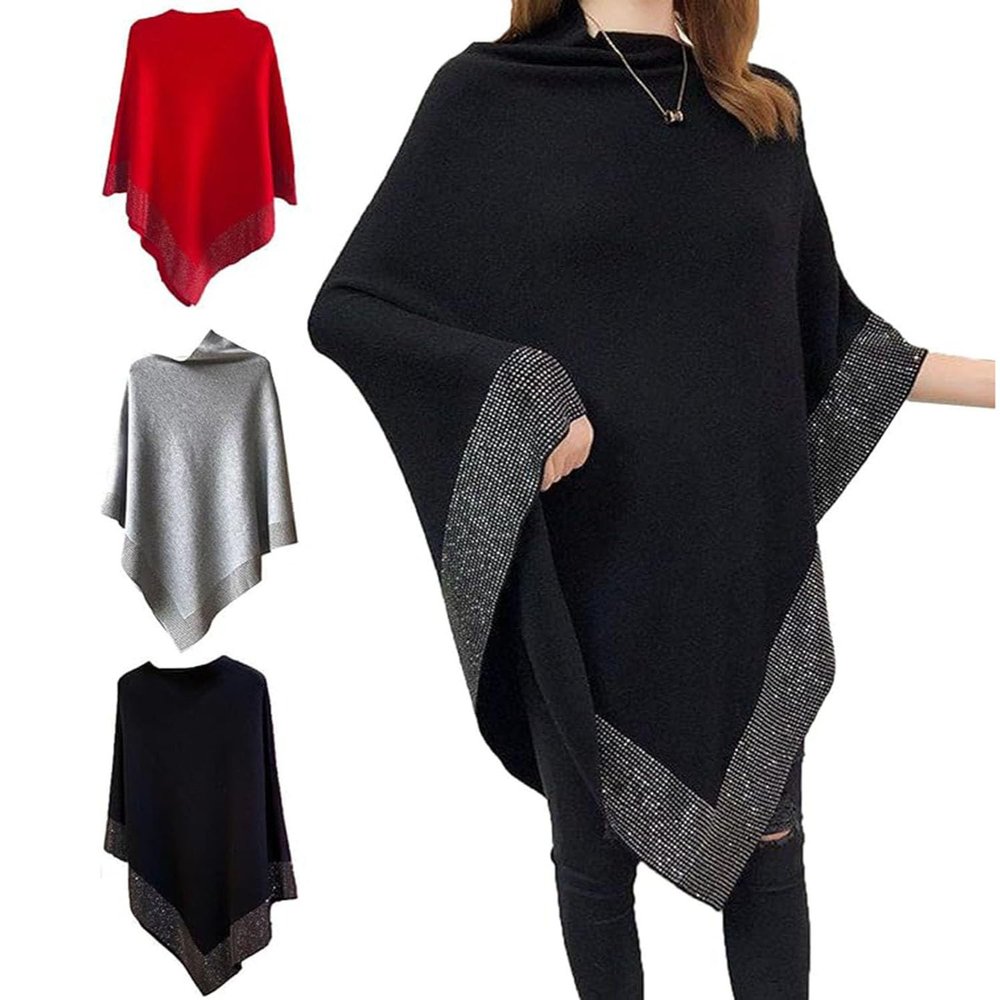 BednL Shiny Women's Wool Shawl,Irregular Poncho,Womens Elegant Knitted Shawl Poncho,Bat Sleeve Warm Knitted Capes for Women (black,XXL)