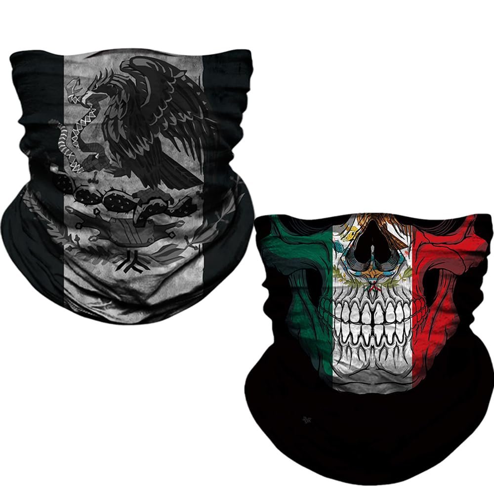 DHSOU 2Pcs Headband Face Scarf Magic Tube Bandanas Headwear Neck Gaiter Balaclava for Mens Womens (Skeleton Mexico Flag)