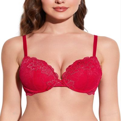 Deyllo Womens Push Up Lace Bra Comfort Padded Underwire Bra Lift Up Add One Cup(Red Pepper,38B)