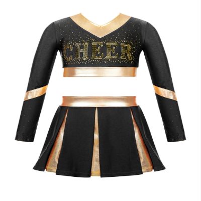JEATHA Girls Cheerleading Outfits Halloween Dance Costume Long Sleeve Cheers Crop Top with Pleated Skirt Set Black A 16 Years