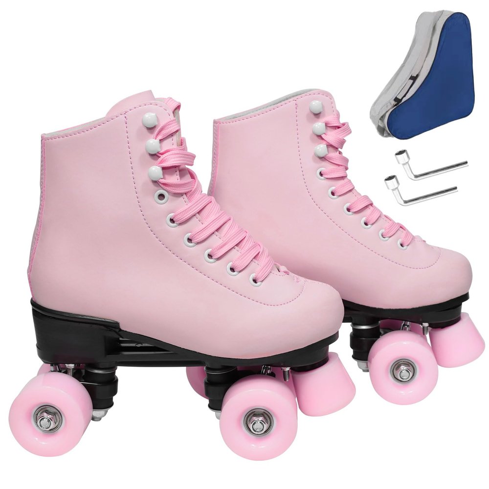 Wiwiy Roller Skates for Women Men, Leather High Top Double-Row Skates Pink, for Beginner Indoor Outdoor Roller Skates(Women's 6 / Men's 5)
