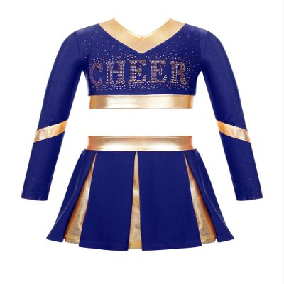 JEATHA Girls Cheerleading Outfits Halloween Dance Costume Long Sleeve Cheers Crop Top with Pleated Skirt Set Navy Blue A 16 Years