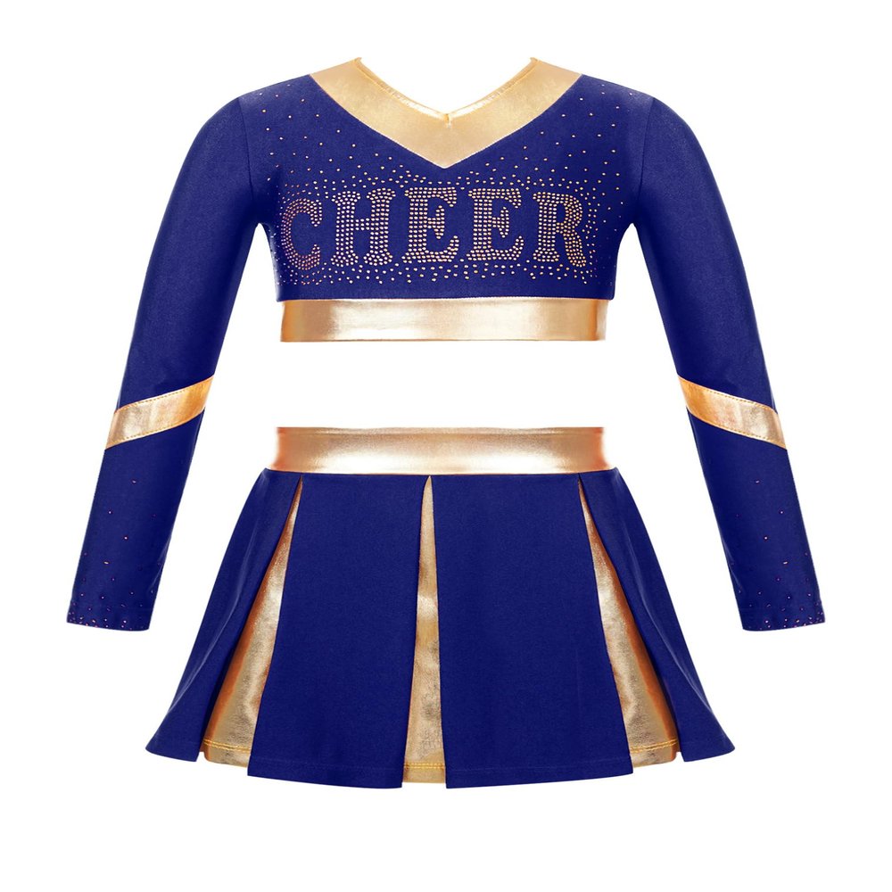 JEATHA Girls Cheerleading Outfits Halloween Dance Costume Long Sleeve Cheers Crop Top with Pleated Skirt Set Navy Blue A 16 Years
