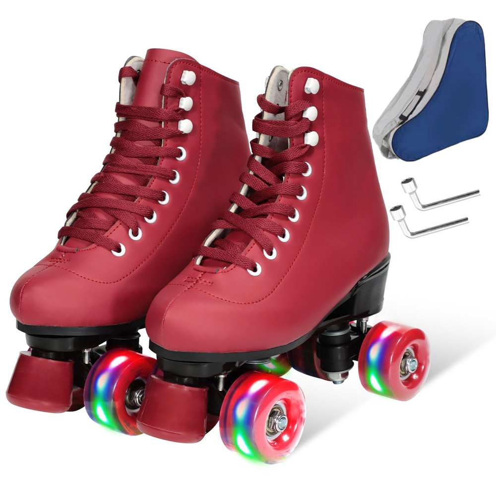 Wiwiy Roller Skates for Women Men,with Leather High Top Four Shiny Wheel Roller Skates Wine Red, for Beginner Indoor Outdoor(Women's 8.5 / Men's 7.5)