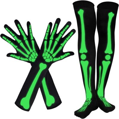 AHCOR Halloween Skull Glove Skeleton Stockings Prom Prop Glow Ghost Bone Socks Prom Party Prom Costume
