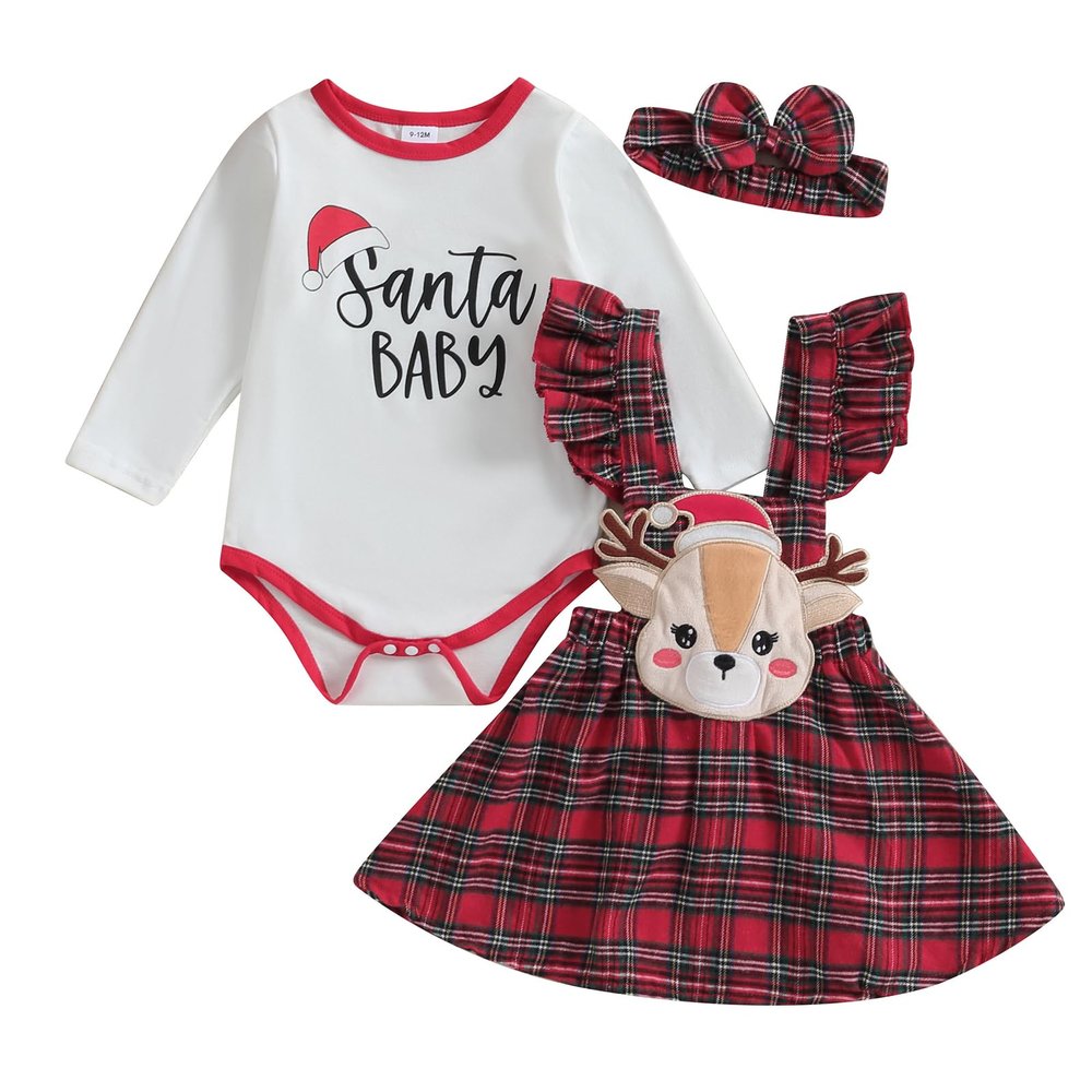 Baby Girl Christmas Outfit Long Sleeve Romper Onesie Deer Plaid Suspender Skirt Set Cute Fall Winter Clothes (White-Christmas Deer, 6-9 Months)