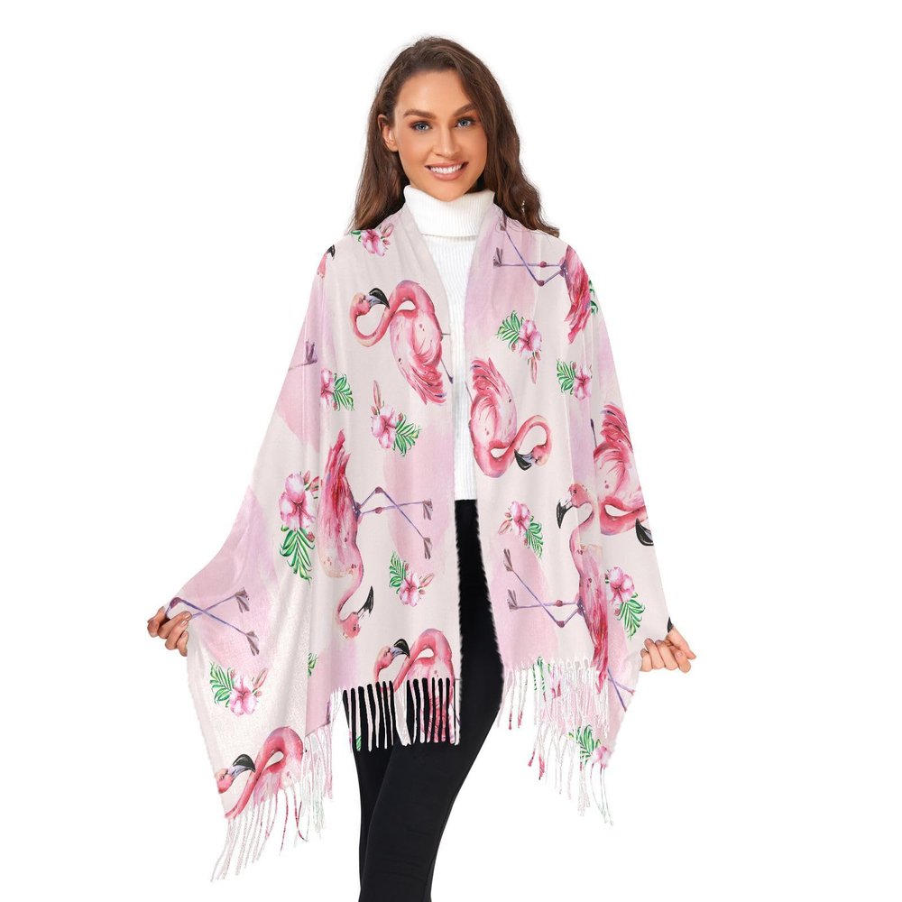 VIGTRO Summer Flamingo Watercolor Women Wrap Pashmina Shawl, Cute Pink Floral Winter Warm Long Scarf with Tassels for Evening Dress & Wedding