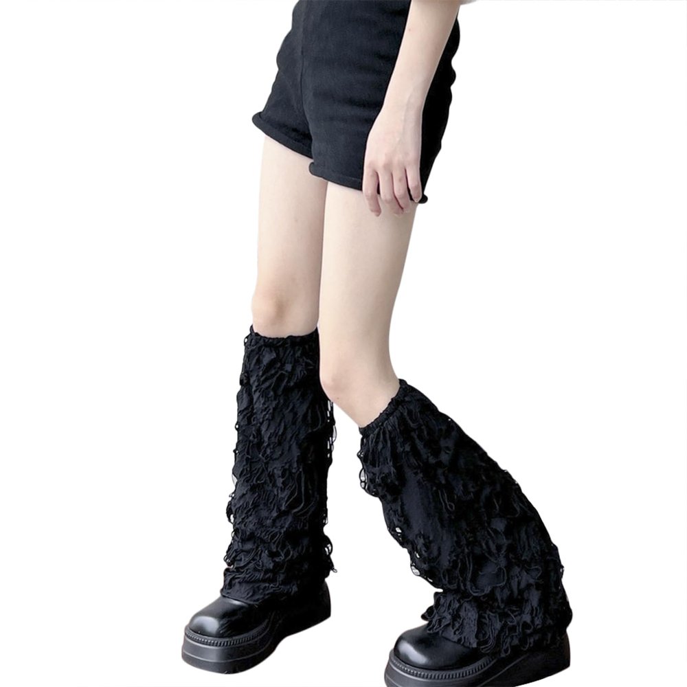 PURFUN Gothic Ripped Long Boot Cuffs Cover Women Girls Punk Goth Halloween Cosplay Party Club Leg Warmers Loose High Socks Japanese Calf Sleeves Covers Leggings Ankle Heap Sock Costume Accessory
