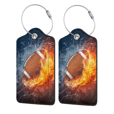 2 Pack Football Luggage Tags Travel PU Cute Leather Sports-Themed Bag Luggage Tag Name ID Labels with Privacy Cover Suitcases Women Men Girls Boys Fun Laggage Tags Identifiers with Cool Fire(football)