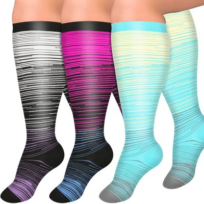 Diu Life 3 Pairs Plus Size Compression Socks for Women and Men Wide Calf Extra Knee High Support for Circulation Sports Work Colorful Gifts Ideas Striped Plantar Fasciitis Stockings