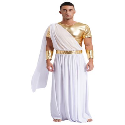 Vxuxlje Men's Greek Toga Costumes Cospaly Party Fancy Dress Roman Senator Robe with Wristband White Medium