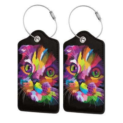 2 Pack Colorful Art Kitten Animal Luggage Tags Travel PU Cute Cat Leather Luggage Tag Name ID Labels with Privacy Cover Suitcases Women Men Girls Boys Fun Laggage Tags(Colorful Cats)