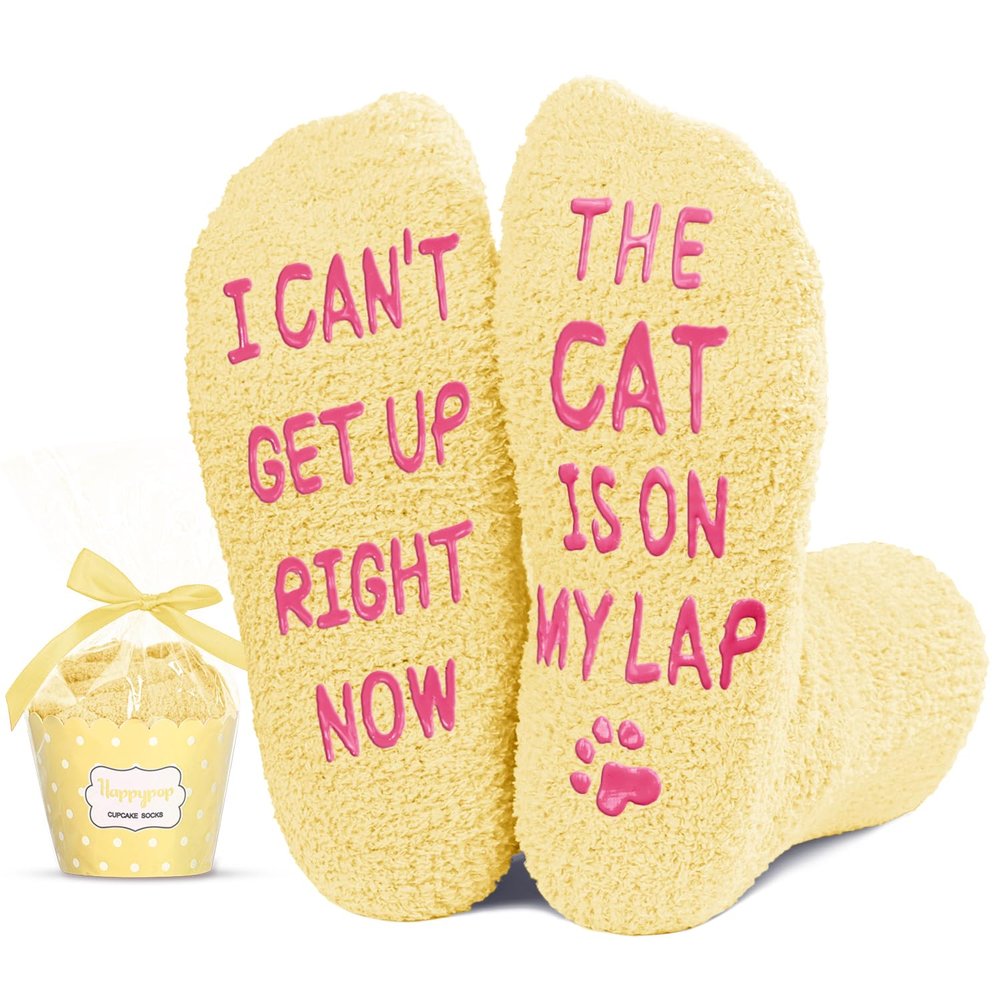 Cat Gifts for Kids - Novelty Yellow Fuzzy Cat Socks for Big Girls, Funny Gifts for Girls 7-9 Years