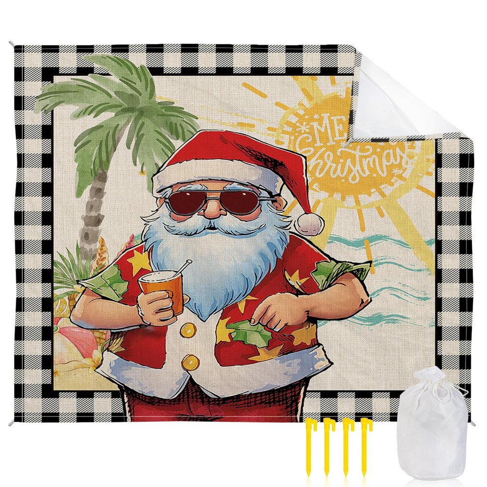 Beach Blanket Oversized Extra Large Merry Christmas Santa Summer Beach Xmas Decor 118" X 108",Waterproof Sandproof Beach Blanket 1-7 Adults Lightweight Durable for Travel Camping Hiking Picnic