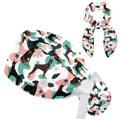Doberman Dog Leaves Scrub Cap, Adjustable Working Cap with Button, Bouffant Caps with Bow Hair Scrunchy