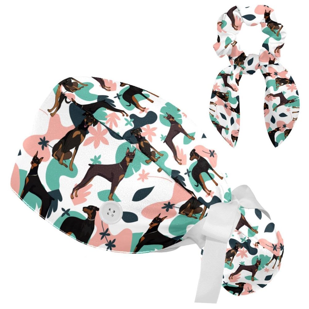 Doberman Dog Leaves Scrub Cap, Adjustable Working Cap with Button, Bouffant Caps with Bow Hair Scrunchy