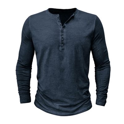 Mens Distressed Henley Shirts Classic Retro Long Sleeve Cotton Tee Shirts Casual Button Down Washed T-Shirts (3X-Large,Dark Blue)