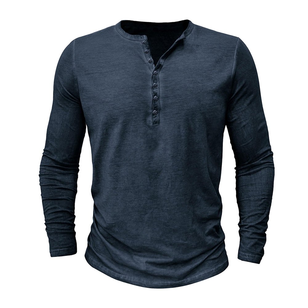 Mens Distressed Henley Shirts Classic Retro Long Sleeve Cotton Tee Shirts Casual Button Down Washed T-Shirts (3X-Large,Dark Blue)