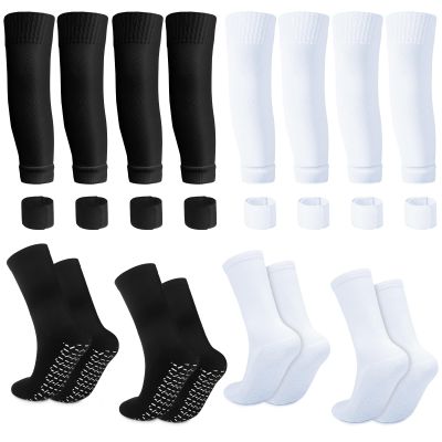 Cuffbow 4 Set Men's Grip Soccer Socks Anti Slip Pads Shin Guard Sleeves Shin Guard Straps for Football with Grip Pads(Black, White)
