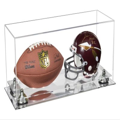 Better Display Cases Acrylic Mini - Miniature (not Full Size) Football and Helmet Display Case with Clear Case, Silver Risers and Mirror Base (B46/A019)