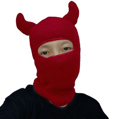 Altsuceser Knitted Full Face-Cover with Funny Horns Decor Warm Ski Masks Winter Ski Balaclava for Adult Outdoors Beanie Hat Red