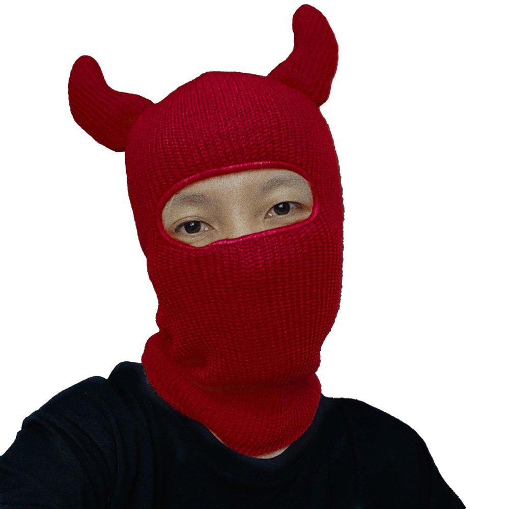 Altsuceser Knitted Full Face-Cover with Funny Horns Decor Warm Ski Masks Winter Ski Balaclava for Adult Outdoors Beanie Hat Red