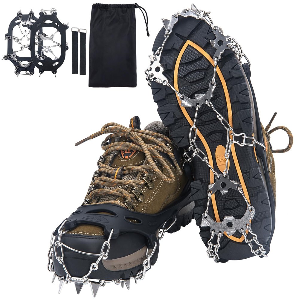 Crampons, Ice Cleats for Shoes and Boots, Traction Snow Grips, Anti Slip 19 Stainless Steel Spikes Safe Protect for Women Men Kids Hiking Climbing (Black, M)