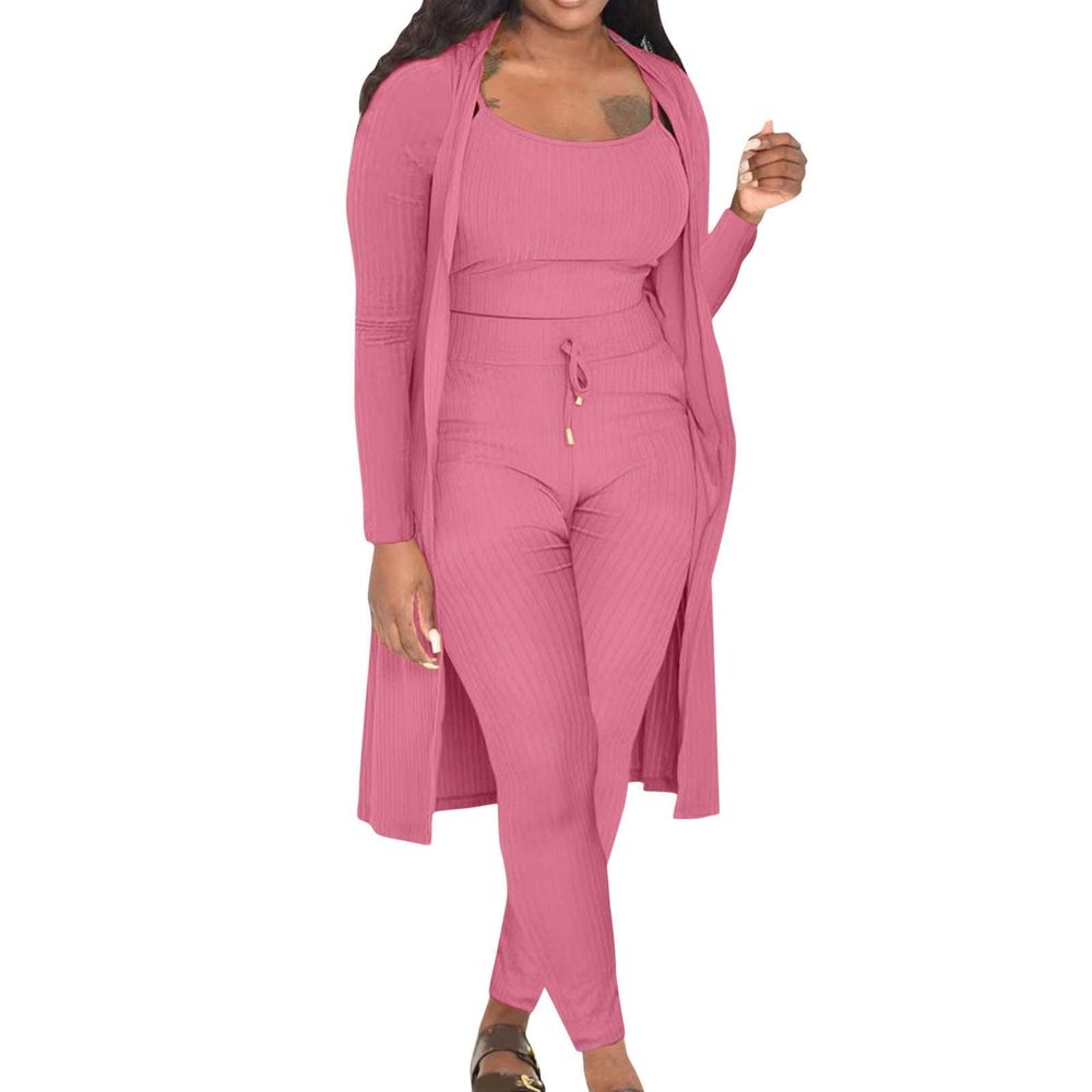 SACFOF Women's Fuzzy 3 Piece Sweatsuit Open Front Cardigan Crop Tank Tops Wide Legs Pants Lounge Sets