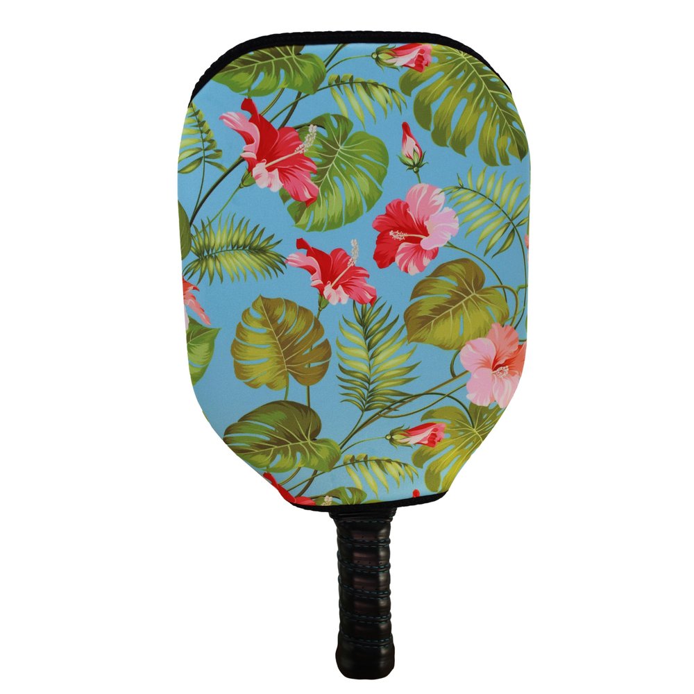 BeeJos Hawaiian Collection: Premium Slip-On Pickleball Paddle Cover-Fits Standard Size Paddles-Zipperless (Paddle not Included) (Light Blue Flowers)