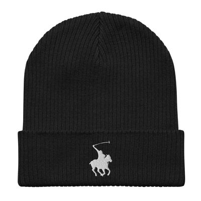 Polo Beanie, Embroidered Unisex Organic Ribbed Beanie, 100% Cotton Polo Beanie for Men, for Women, one Size fits All. Black