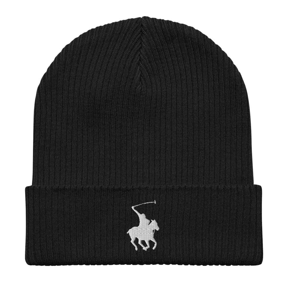 Polo Beanie, Embroidered Unisex Organic Ribbed Beanie, 100% Cotton Polo Beanie for Men, for Women, one Size fits All. Black